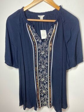 Cato Navy Floral Embroidered Sequin-Trim V-Neck Top